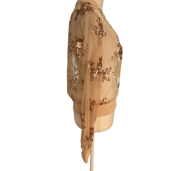 Windsor Tan Mesh Sequin Embellished Jacket Size S Gold Zipper Party Sparkle Fun - Picture 3 of 10
